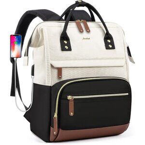 Women's Beige-black Laptop Backpack 15.6 Inch Work Travel Bag With Usb Charger